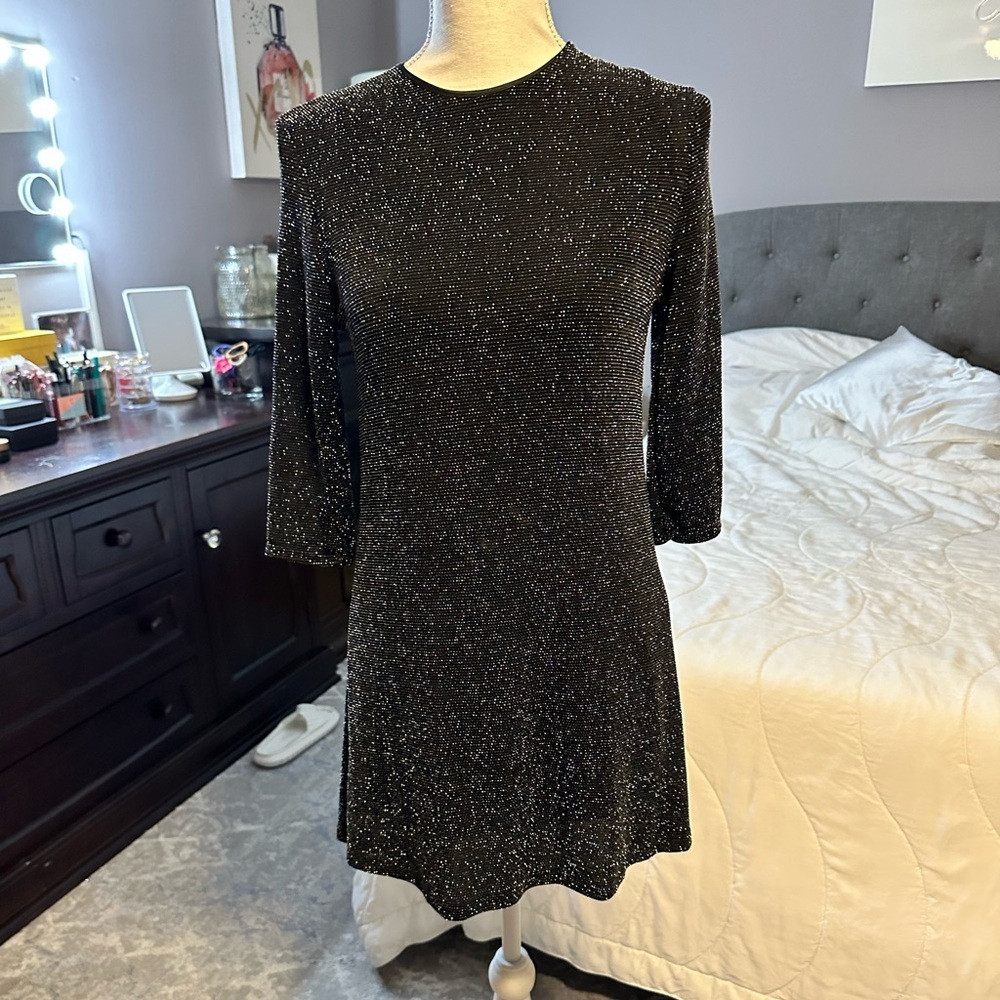 Zara Black Shimmer Sheath Dress 3/4 Sleeve